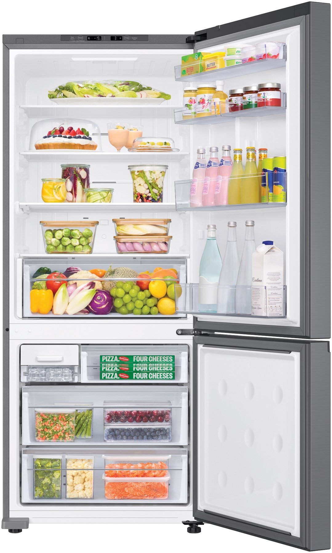 Open SAMSUNG 427L Smart Bottom Mount Refrigerator filled with food