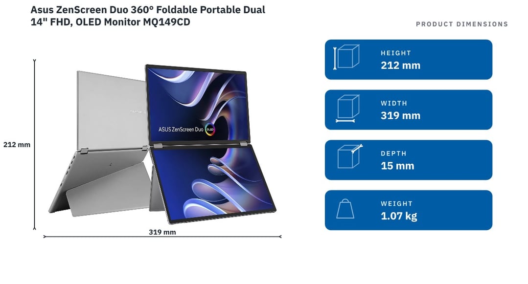 Asus ZenScreen Duo 360° Foldable Portable Dual 14" FHD, OLED Monitor MQ149CD — product dimensions