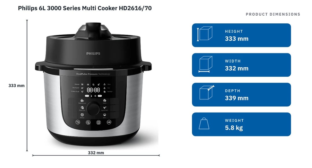 Philips 6L 3000 Series Multi Cooker HD2616/70 — product dimensions