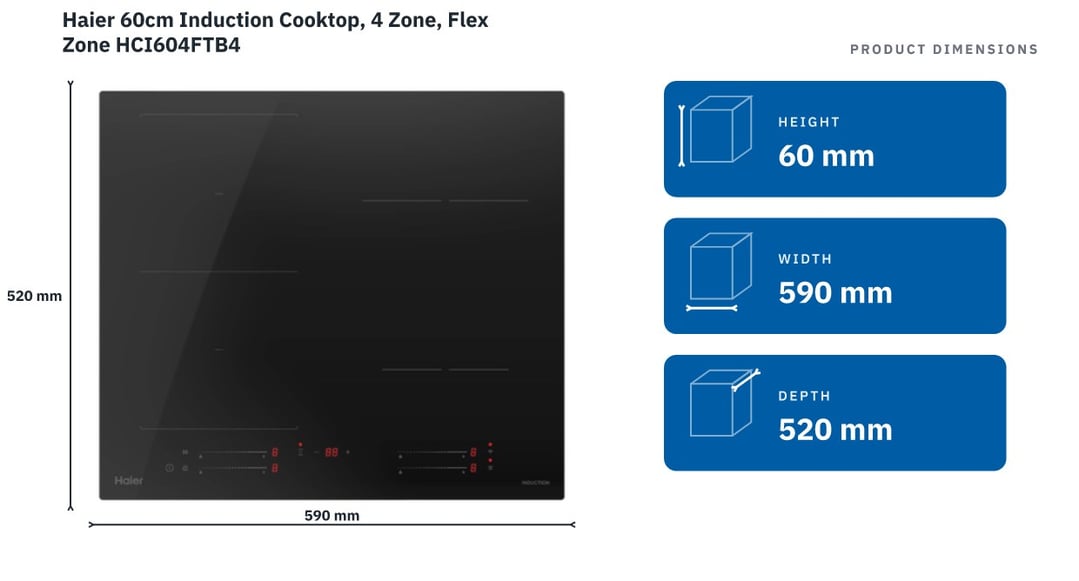 Haier 60cm Induction Cooktop, 4 Zone, Flex Zone HCI604FTB4 — product dimensions