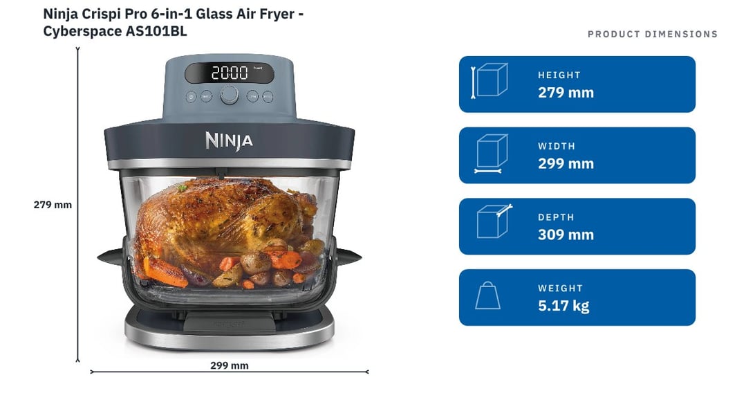 Ninja Crispi Pro 6-in-1 Glass Air Fryer - Cyberspace AS101BL — product dimensions