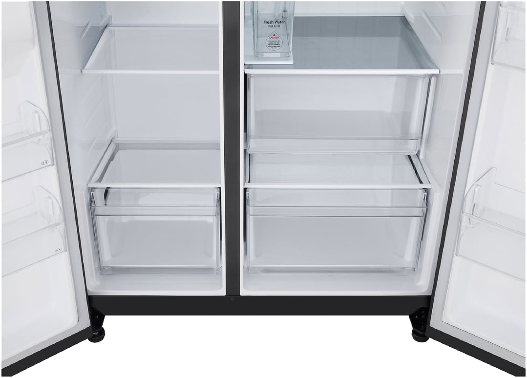Interior view of an open LG side by side fridge with shelves and drawers