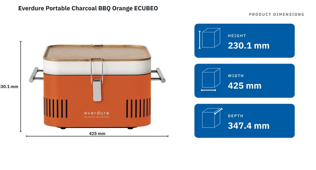 Everdure Portable Charcoal BBQ Orange ECUBEO — product dimensions