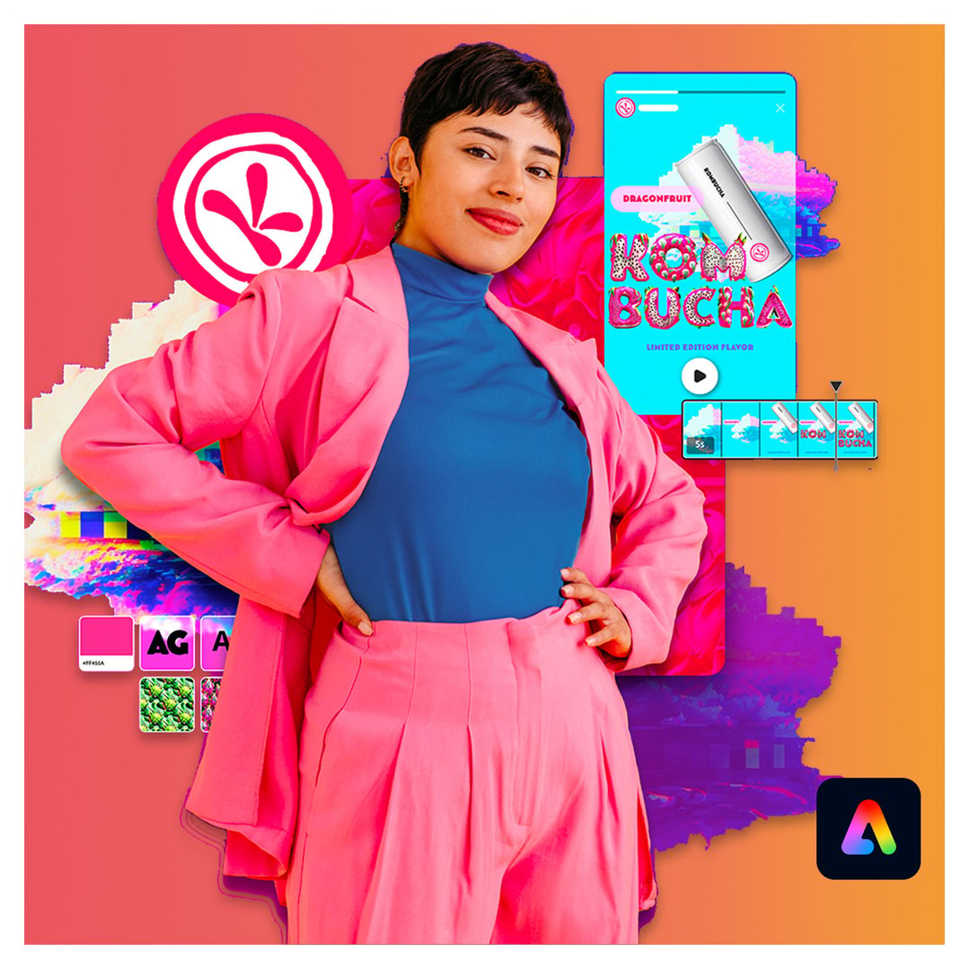 Woman in pink suit and blue top with Creative Cloud graphics