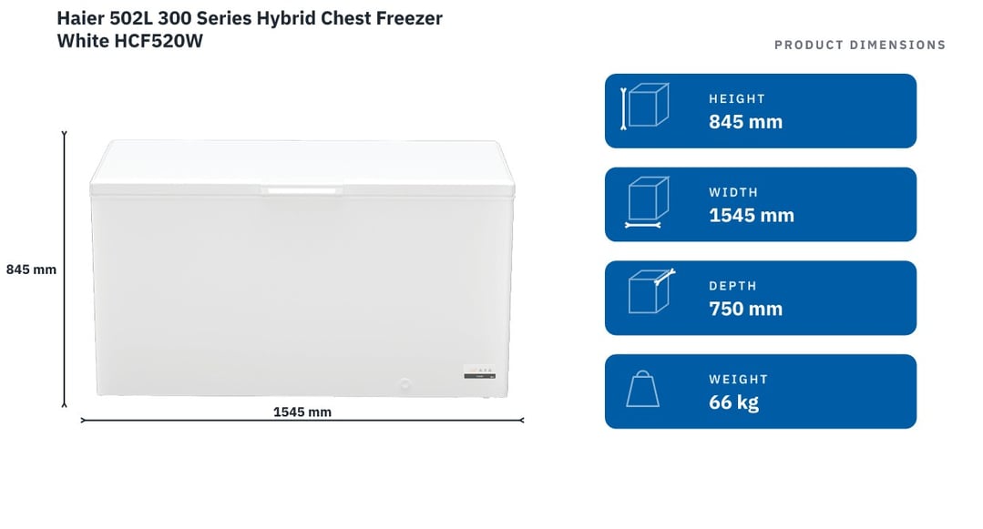 Haier 502L 300 Series Hybrid Chest Freezer White HCF520W — product dimensions