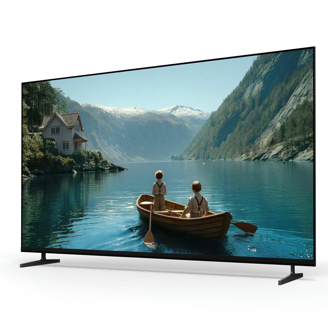 A SONY 65" BRAVIA 3 II 4K HDR AI Google TV on a stand, displaying a scenic lake view