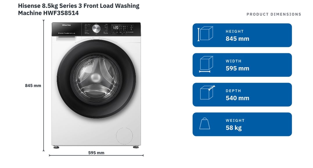 Hisense 8.5kg Series 3 Front Load Washing Machine HWF3S8514 — product dimensions