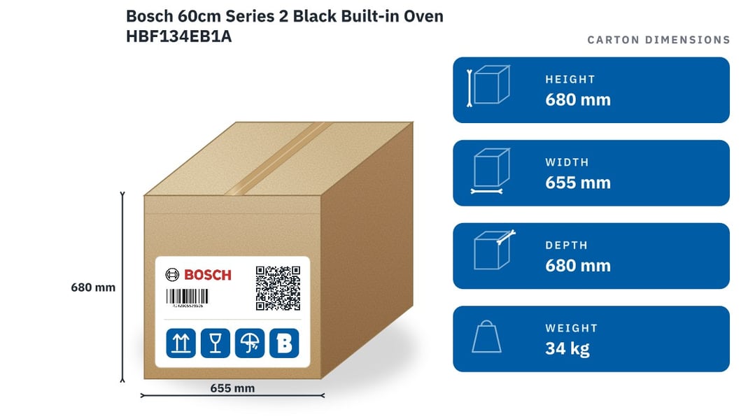 Bosch 60cm Series 2 Black Built-in Oven HBF134EB1A — packaged dimensions