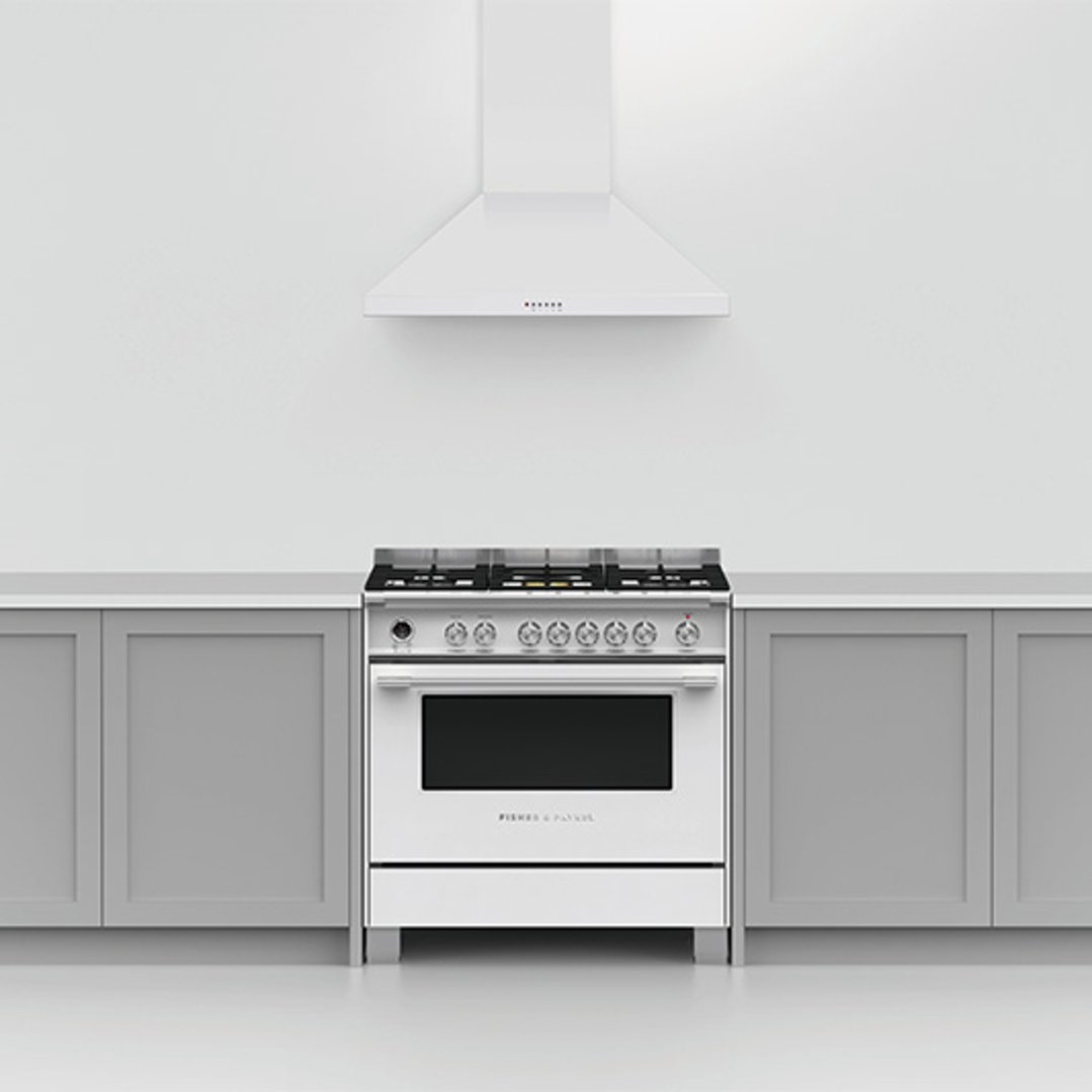 White canopy rangehood above a white range cooker in a kitchen setting