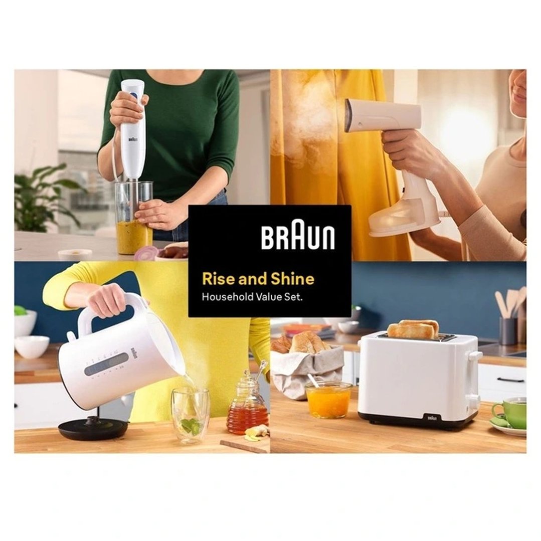 Four lifestyle scenes showing a hand blender, garment steamer, kettle, and toaster