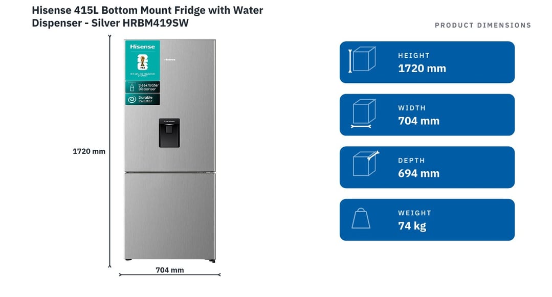 Hisense 415L Bottom Mount Fridge with Water Dispenser - Silver HRBM419SW — product dimensions