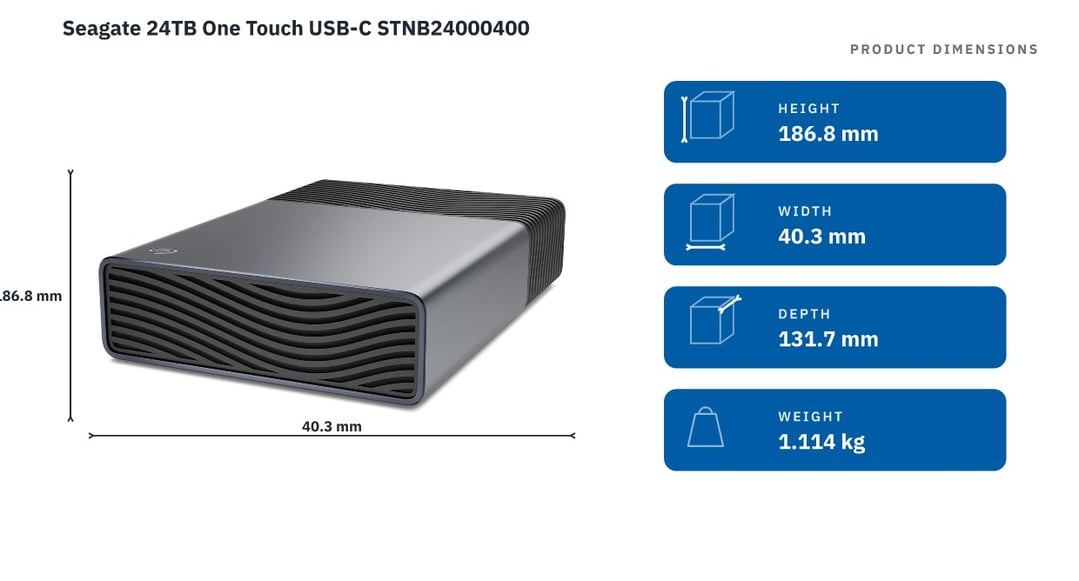 Seagate 24TB One Touch USB-C STNB24000400 — product dimensions