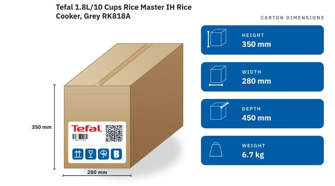 Tefal 1.8L/10 Cups Rice Master IH Rice Cooker, Grey RK818A