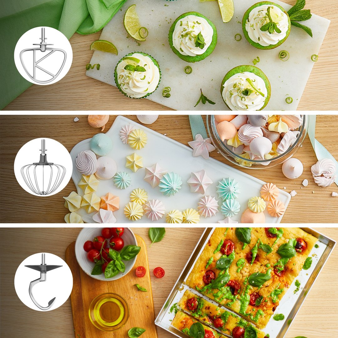 Three different mixer attachments shown with food they help prepare