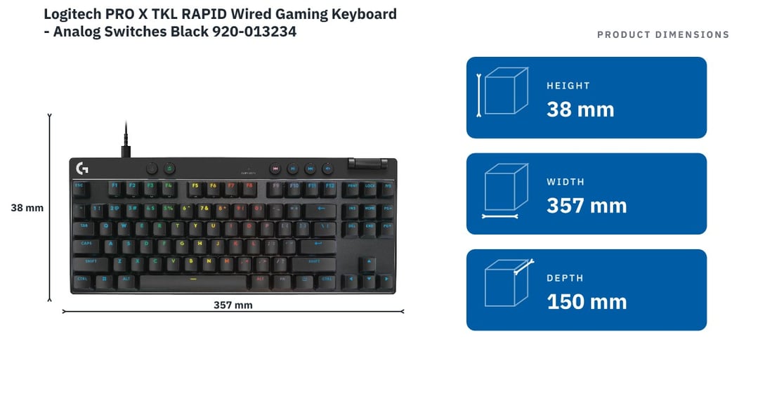 Logitech PRO X TKL RAPID Wired Gaming Keyboard - Analog Switches Black 920-013234 — product dimensions