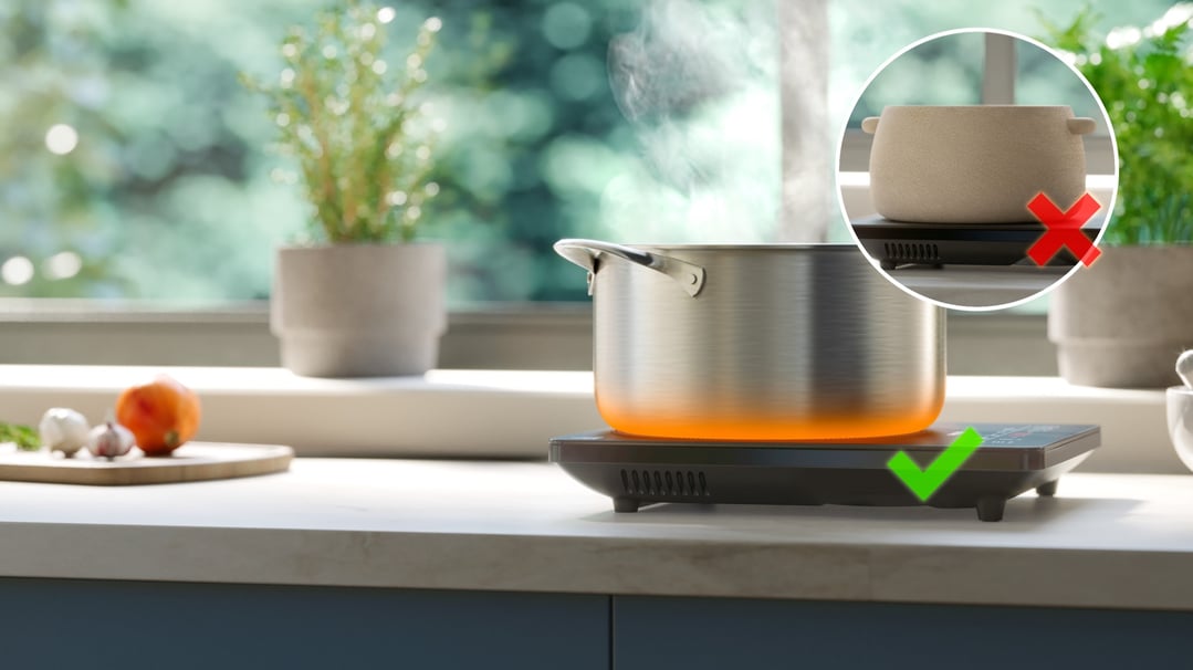 Induction cooker with a pot on a kitchen counter, with a window in the background