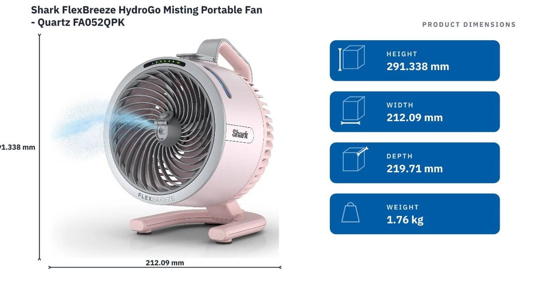 Shark FlexBreeze HydroGo Misting Portable Fan - Quartz FA052QPK — product dimensions