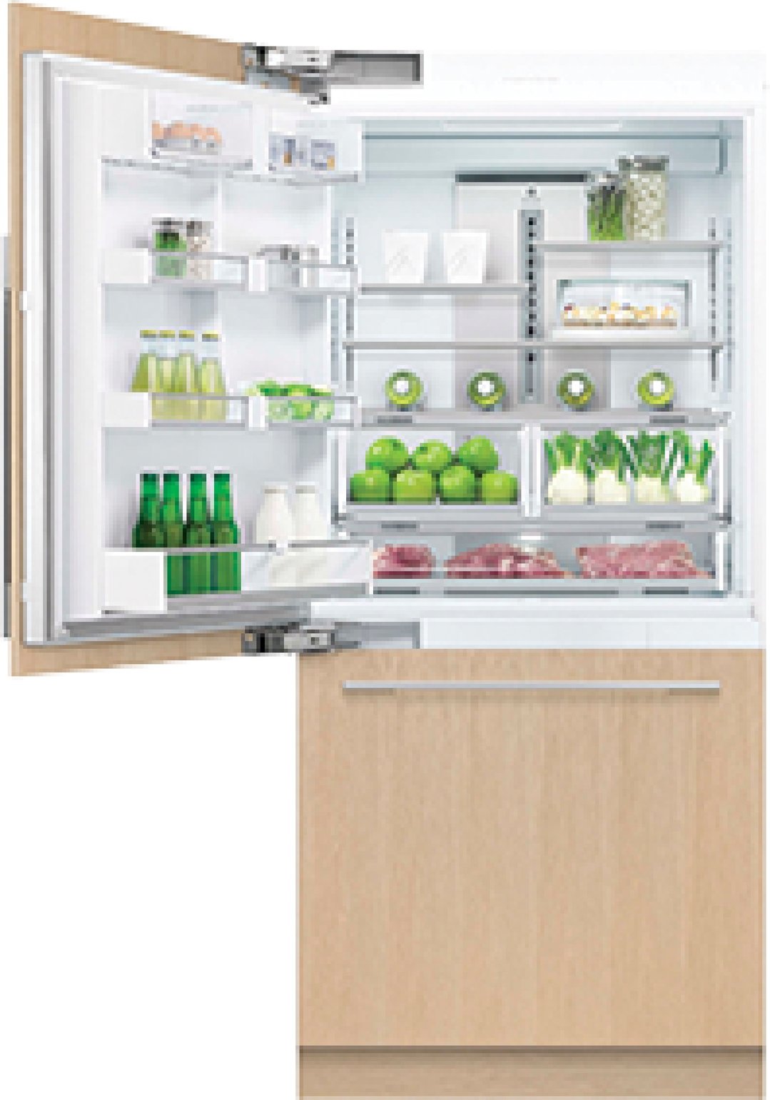 Integrated Refrigerator Freezer with the door open, showing food items inside