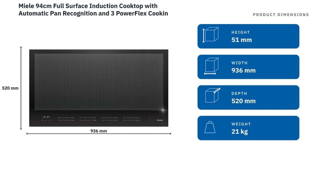 Miele 94cm Full Surface Induction Cooktop with Automatic Pan Recognition and 3 PowerFlex Cooking Zones Ceramic Glass Diamond Finish KM7897-2FL