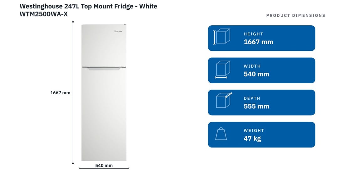 Westinghouse 247L Top Mount Fridge - White WTM2500WA-X — product dimensions