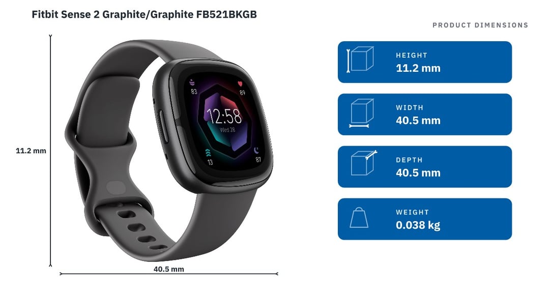Fitbit Sense 2 Graphite/Graphite FB521BKGB — product dimensions