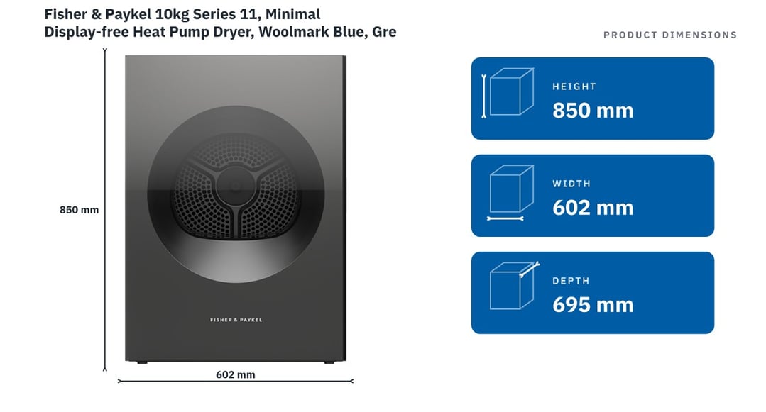 Fisher & Paykel 10kg Series 11, Minimal Display-free Heat Pump Dryer, Woolmark Blue, Grey Glass DH1060YLZB5 — product dimensions
