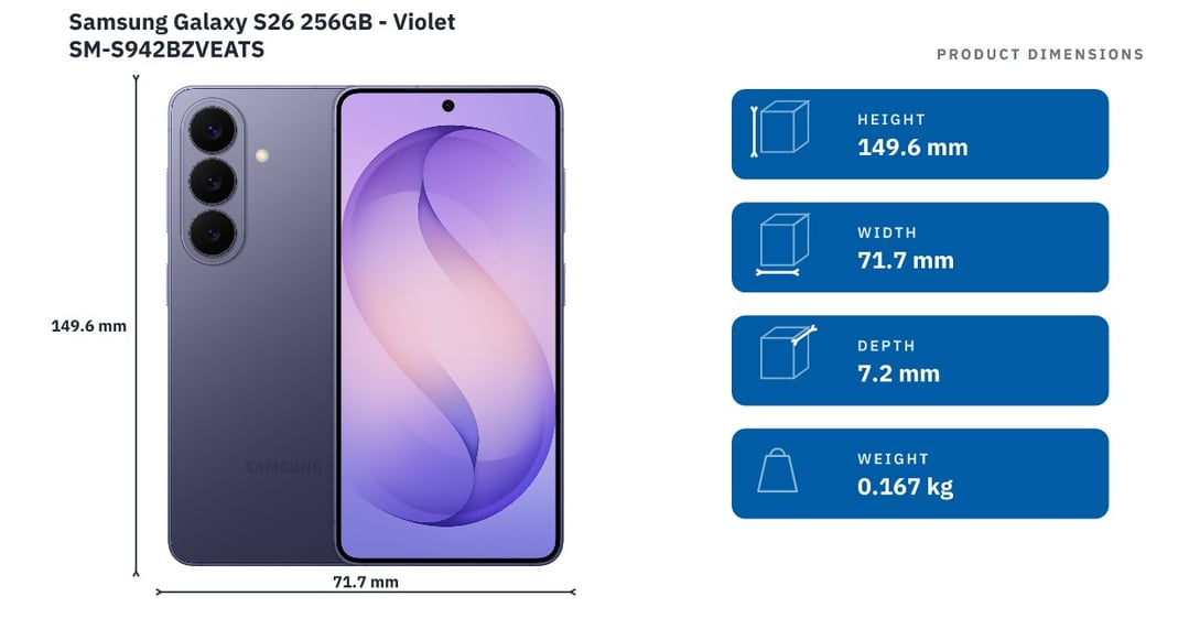 Samsung Galaxy S26 256GB - Violet SM-S942BZVEATS — product dimensions