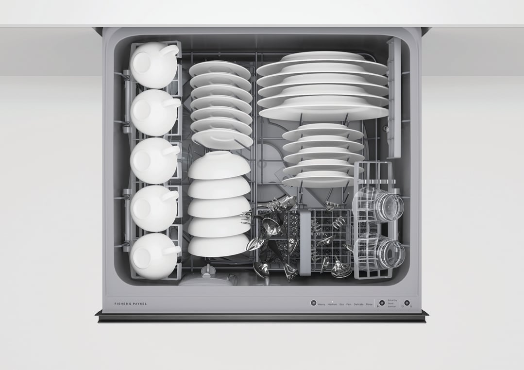 Top-down view of a Fisher & Paykel DishDrawer dishwasher filled with dishes