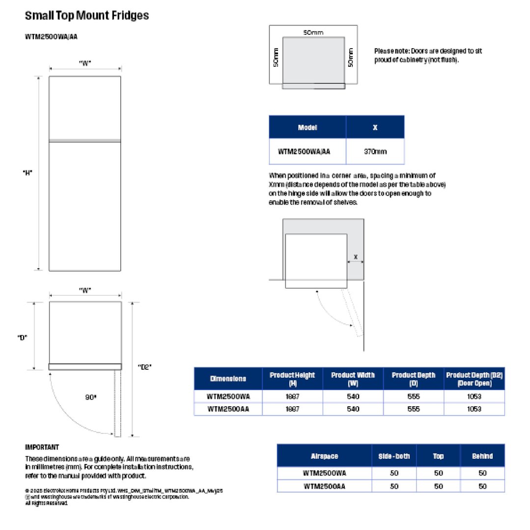Westinghouse 247L Top Mount Fridge - Silver WTM2500AA-X