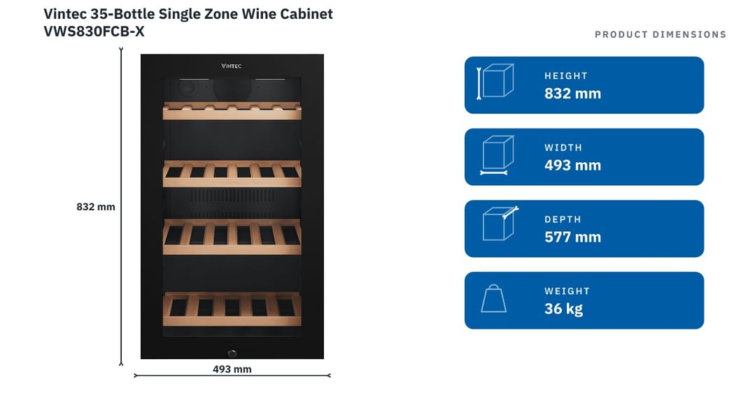 Vintec 35-Bottle Single Zone Wine Cabinet VWS830FCB-X — product dimensions