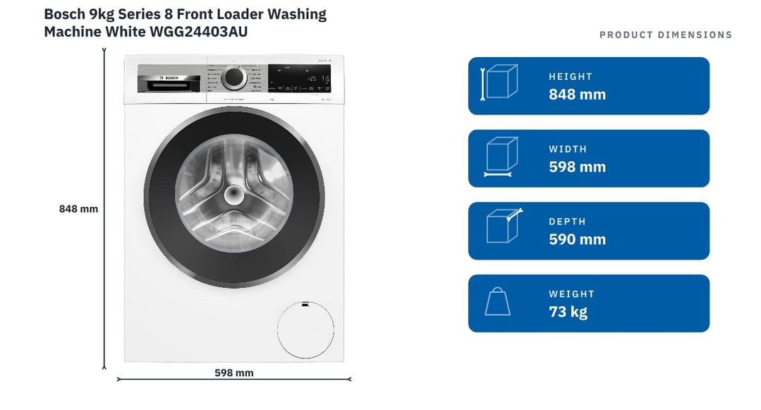 Bosch 9kg Series 8 Front Loader Washing Machine White WGG24403AU — product dimensions