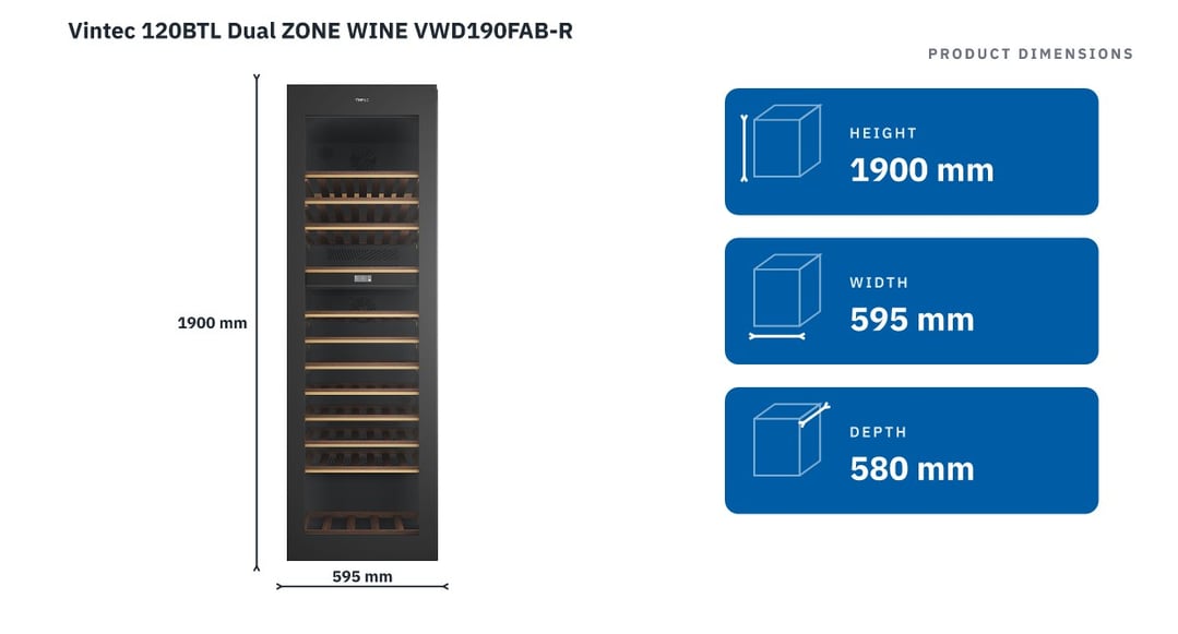 Vintec 120BTL Dual ZONE WINE VWD190FAB-R — product dimensions