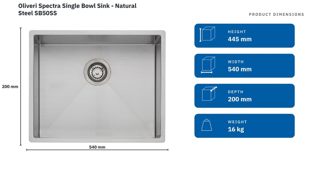 Oliveri Spectra Single Bowl Sink - Natural Steel SB50SS — product dimensions