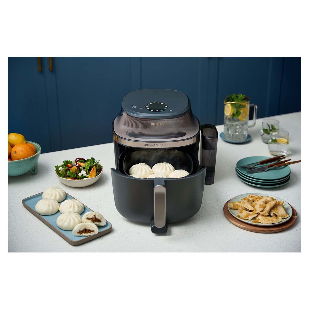 Philips Airfryer XXL Steam cooking bao buns on a kitchen counter