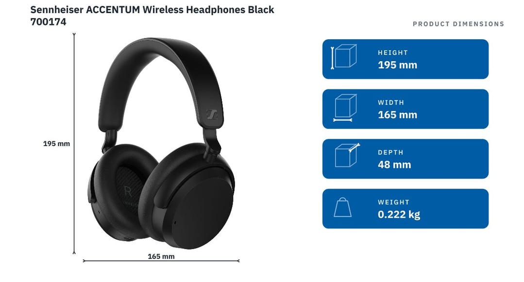 Sennheiser ACCENTUM Wireless Headphones Black 700174 — product dimensions