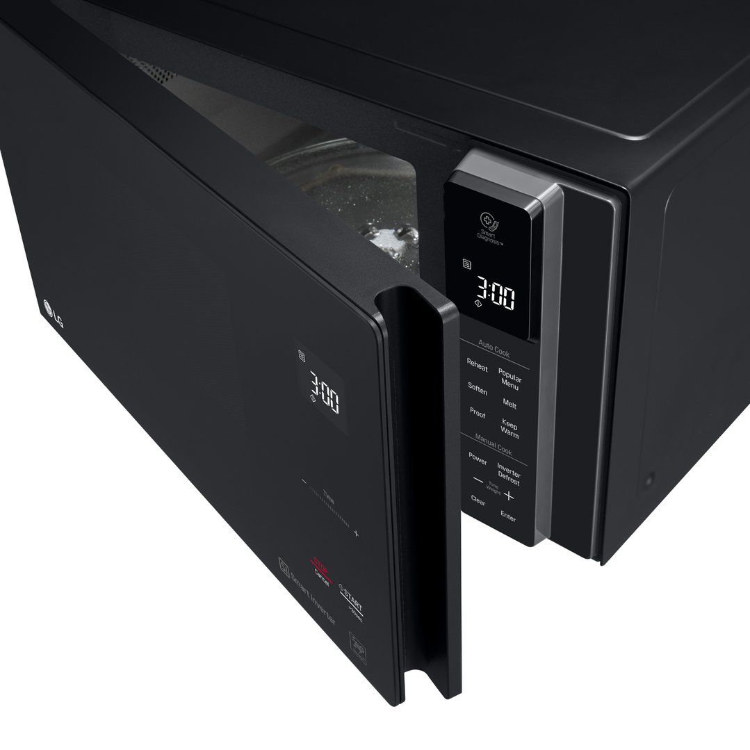 Black LG microwave oven with door open, showing interior and control panel