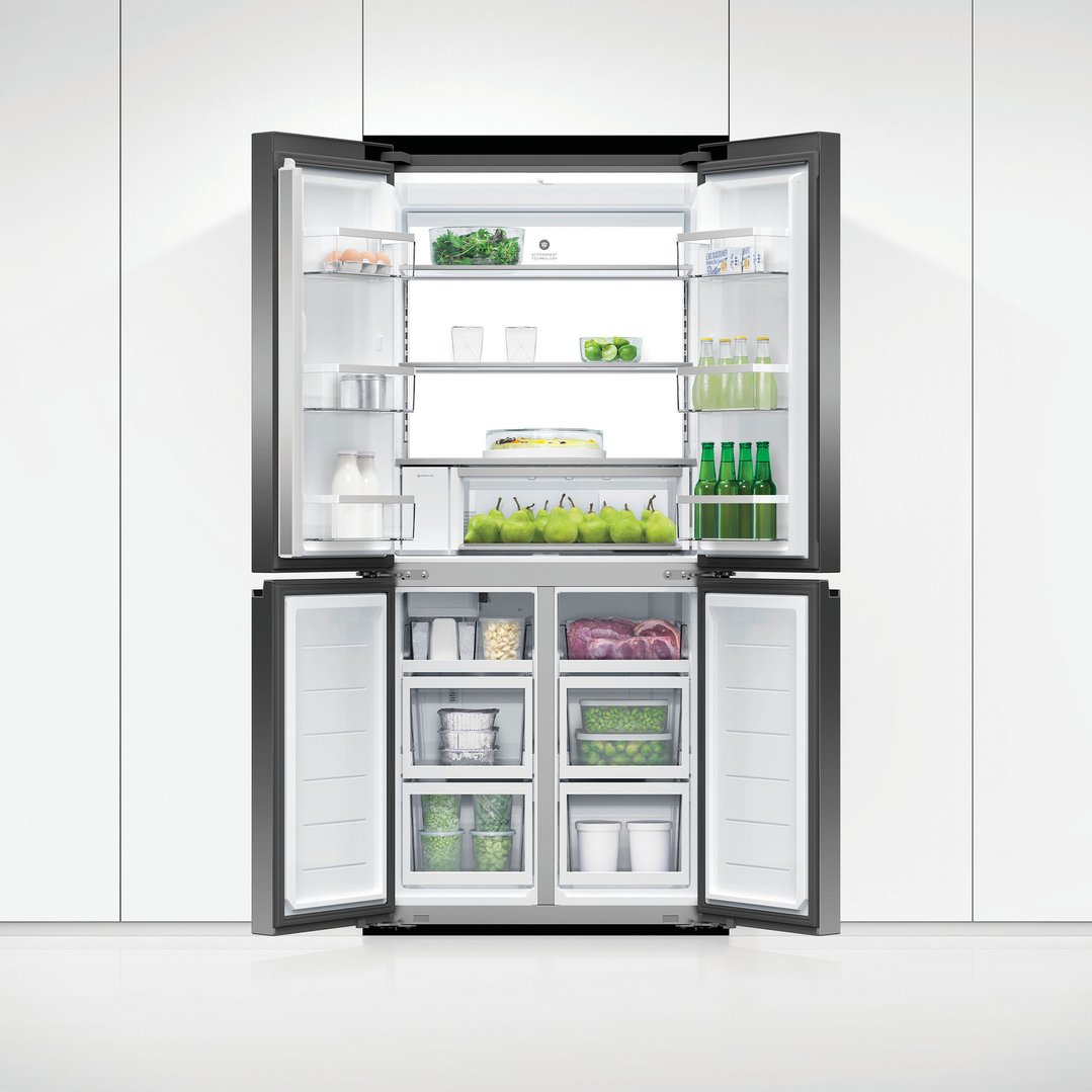 Open Fisher & Paykel Quad Door Refrigerator Freezer with food inside