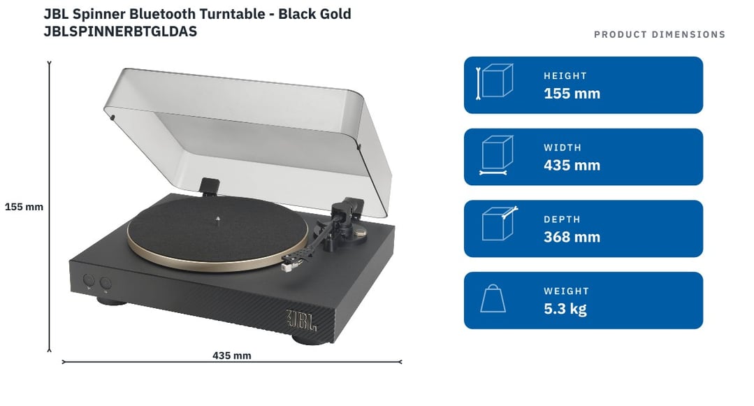 JBL Spinner Bluetooth Turntable - Black Gold JBLSPINNERBTGLDAS — product dimensions