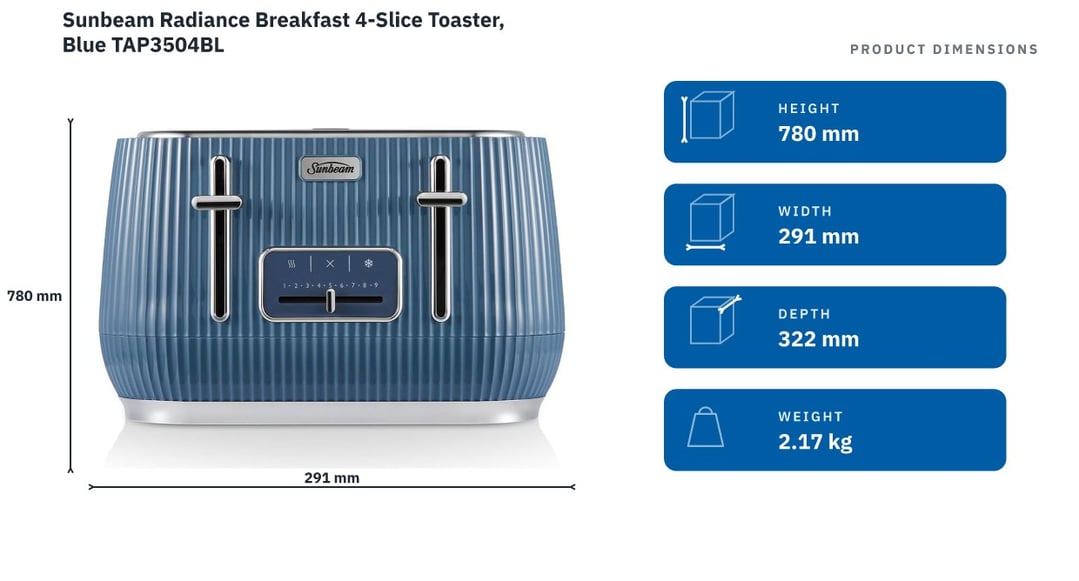 Sunbeam Radiance Breakfast 4-Slice Toaster, Blue TAP3504BL