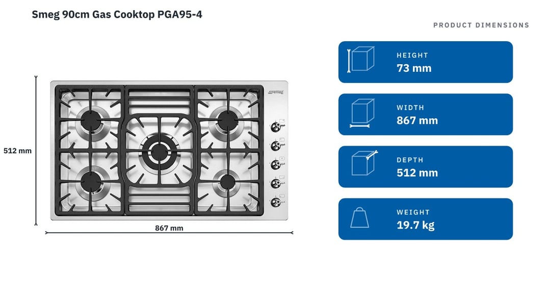 Smeg 90cm Gas Cooktop PGA95-4 — product dimensions