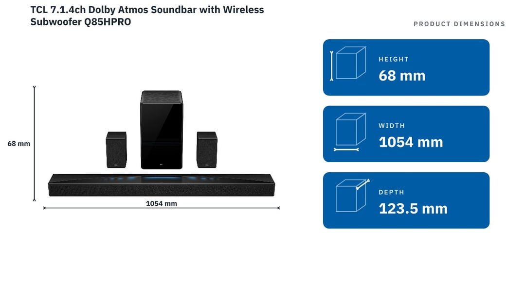 TCL 7.1.4ch Dolby Atmos Soundbar with Wireless Subwoofer Q85HPRO — product dimensions