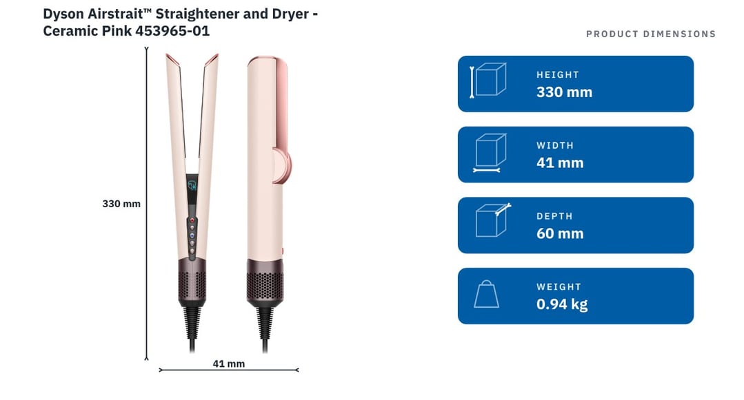Dyson Airstrait™ Straightener and Dryer - Ceramic Pink 453965-01 — product dimensions
