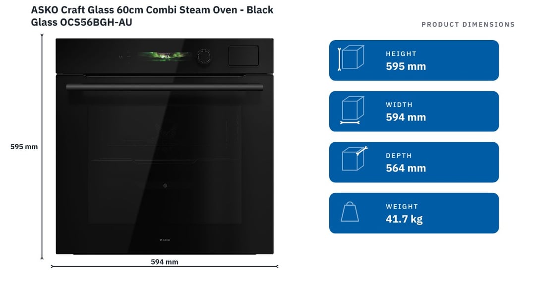 ASKO Craft Glass 60cm Combi Steam Oven - Black Glass OCS56BGH-AU — product dimensions