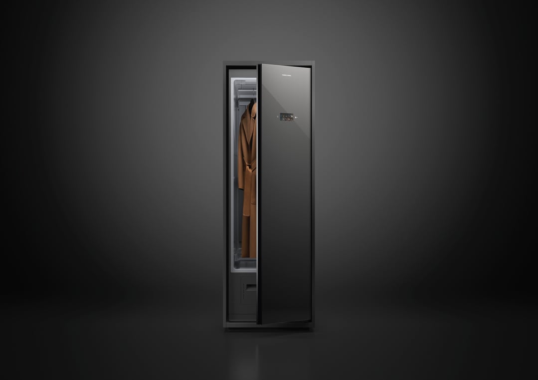 Fabric care cabinet with an open door showing a brown coat inside, on a dark background