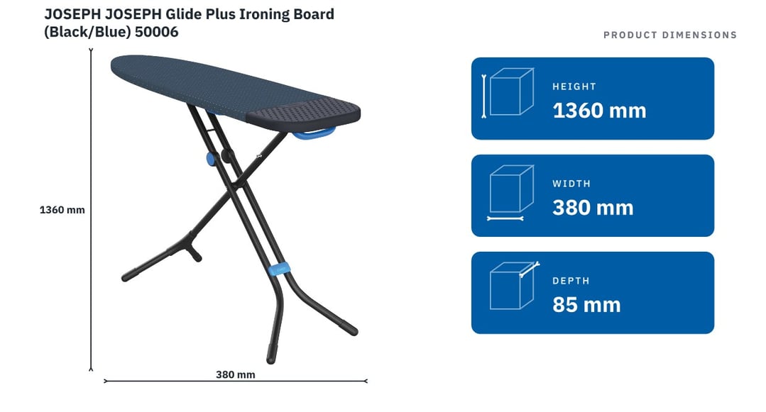 JOSEPH JOSEPH Glide Plus Ironing Board (Black/Blue) 50006 — product dimensions
