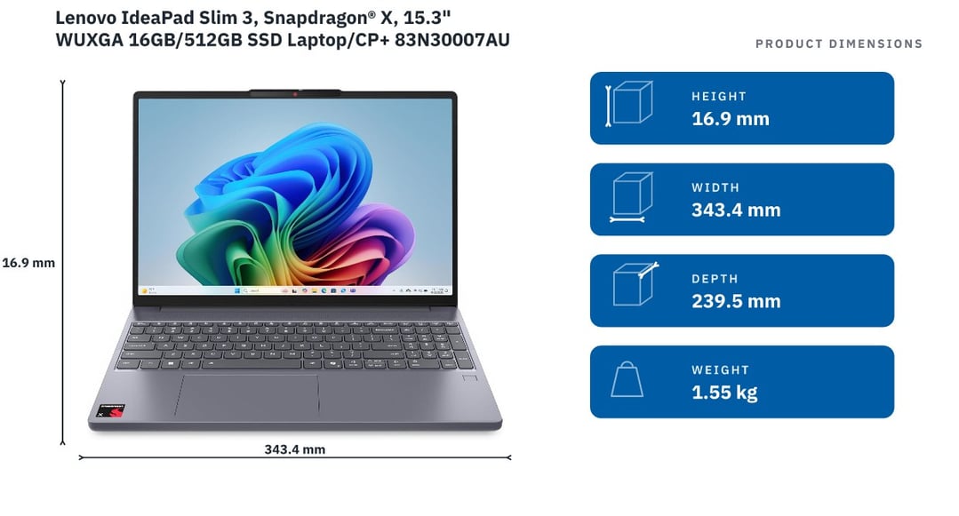 Lenovo IdeaPad Slim 3, Snapdragon® X, 15.3" WUXGA 16GB/512GB SSD Laptop/CP+ 83N30007AU — product dimensions