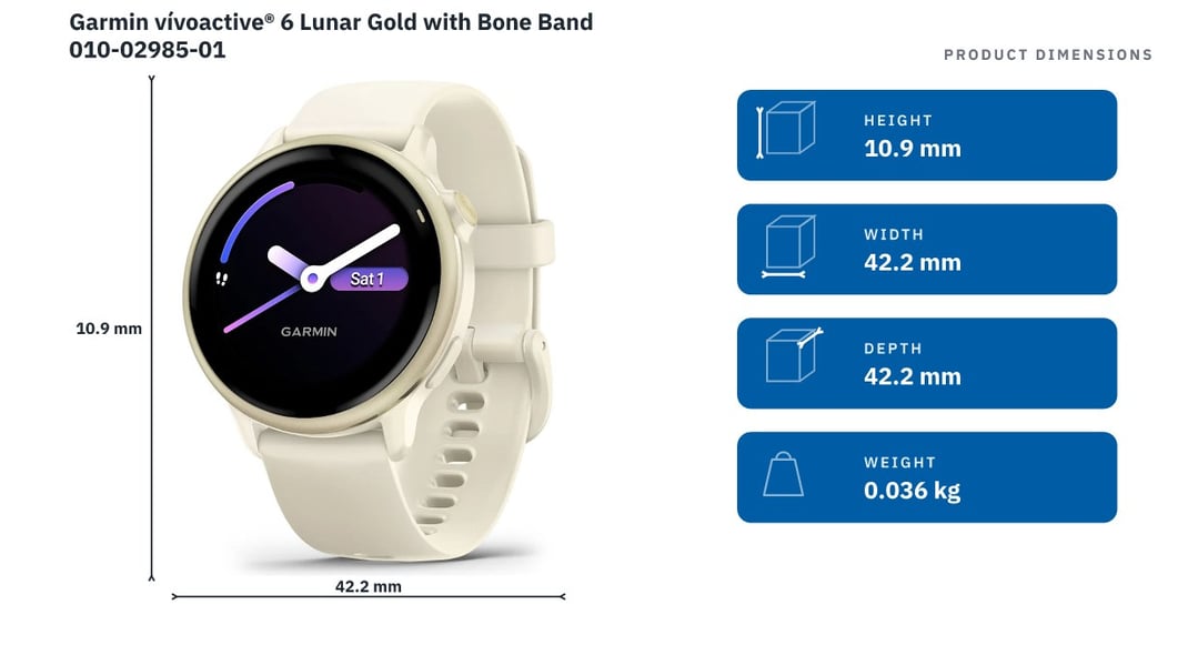 Garmin vívoactive® 6 Lunar Gold with Bone Band 010-02985-01 — product dimensions