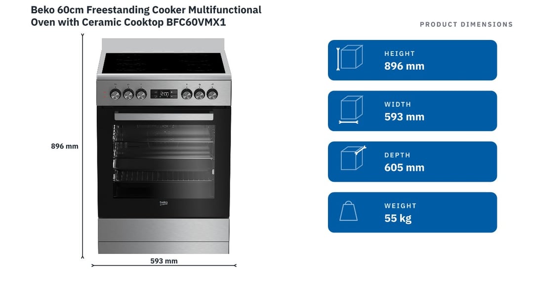 Beko 60cm Freestanding Cooker Multifunctional Oven with Ceramic Cooktop BFC60VMX1 — product dimensions