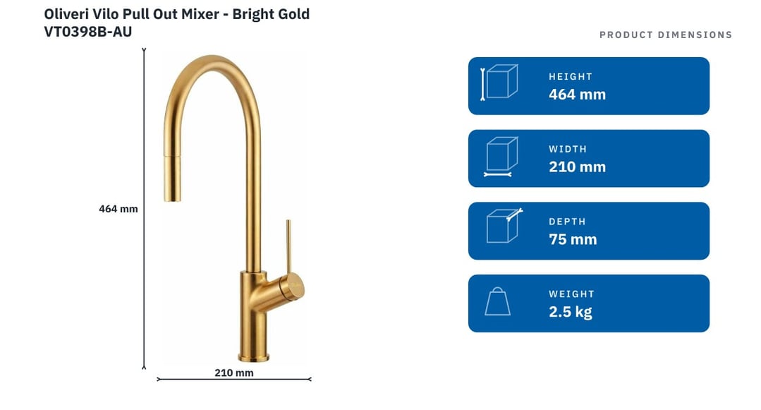 Oliveri Vilo Pull Out Mixer - Bright Gold VT0398B-AU — product dimensions