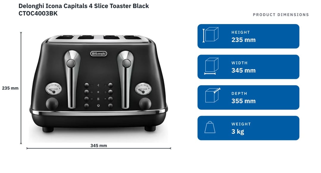 Delonghi Icona Capitals 4 Slice Toaster Black CTOC4003BK — product dimensions